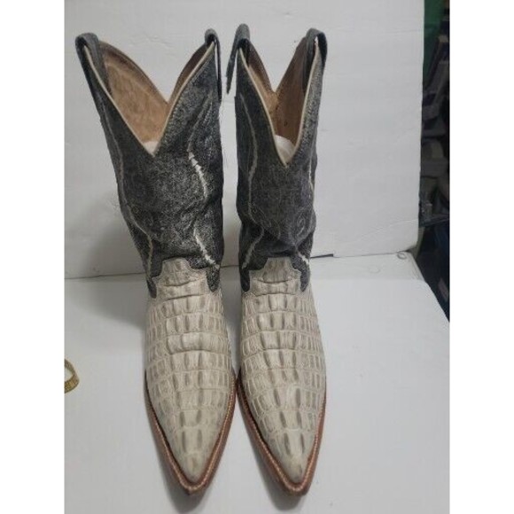 Gran Lider Gray Cream Leather Embossed Ostrich Cowboy Boots Mens Size 9 FLAW - Picture 1 of 13